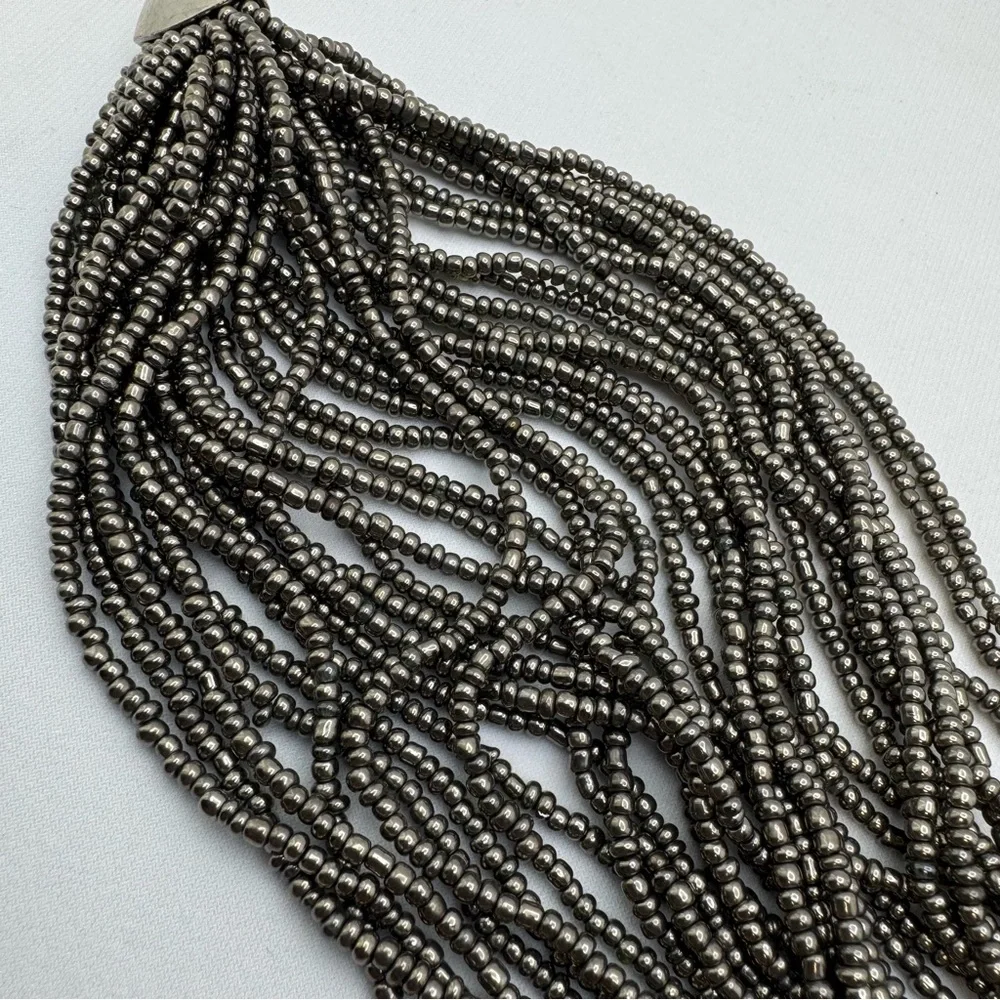 Multi Strand Gunmetal Seed Bead Statement Necklace Bold Weighted Boho Chunky
